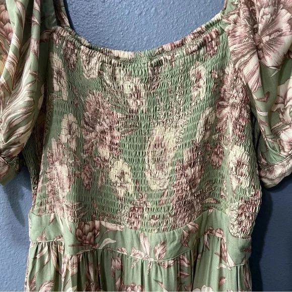 NWOT Aguabendita Floral Dress Women’s Sz MED 100% Rayon Green/Beige Tie Sleeves - Picture 7 of 9